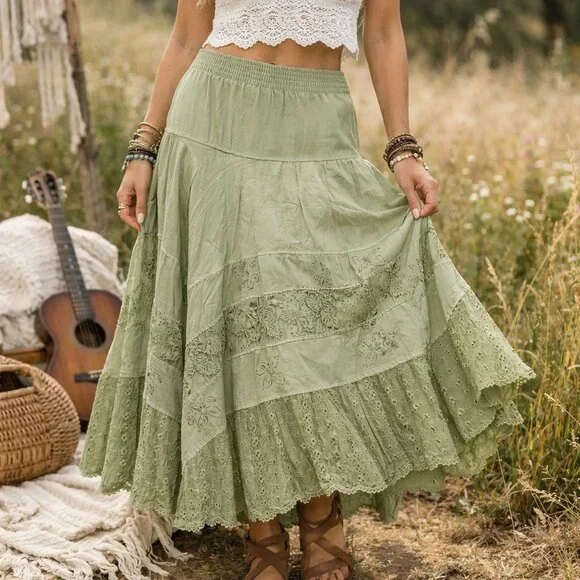 VTG Coldwater Creek Sage Green Boho Embroidered Maxi Skirt - Picture 1 of 15